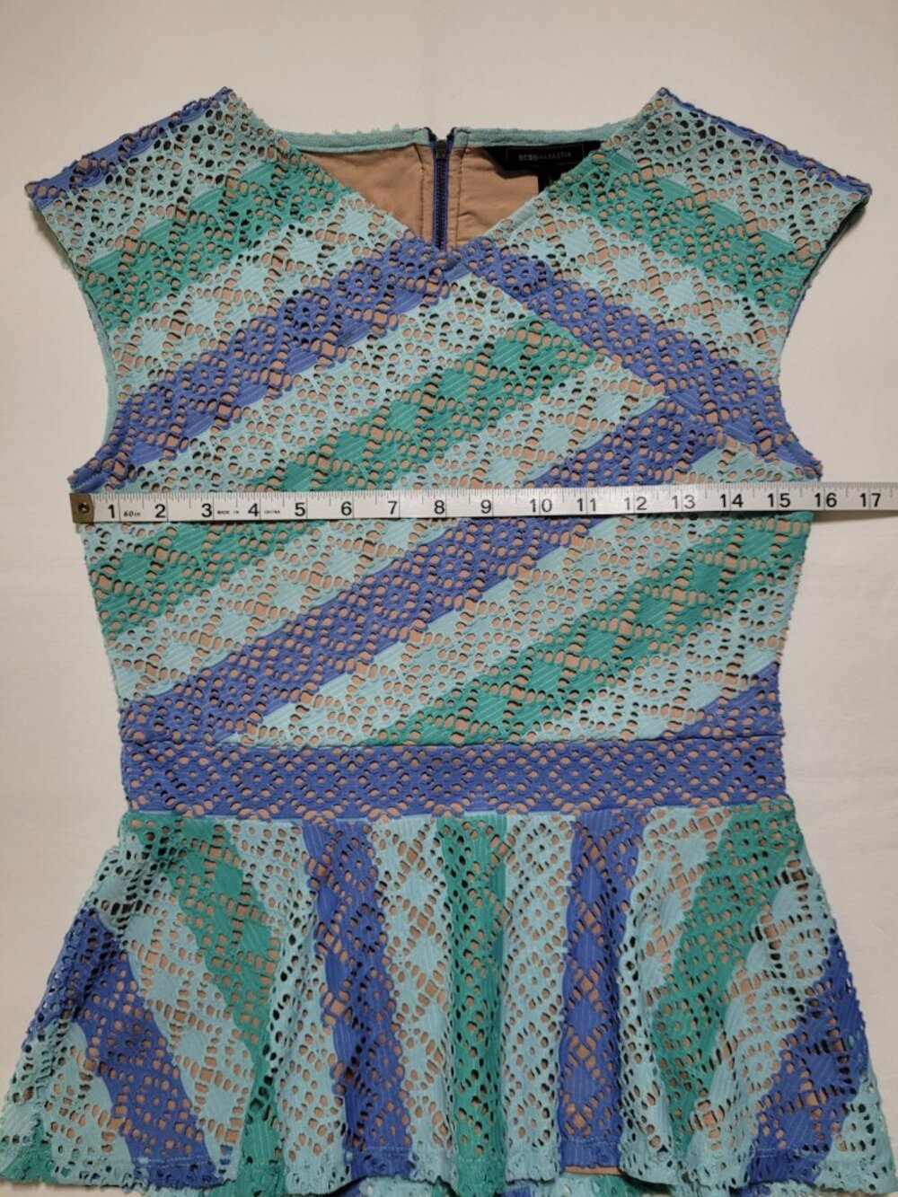 BCBGMAXAZRIA Heidy Lace Peplum Top Aqua Combo Stripe Small Quiet Luxury - Picture 5 of 10